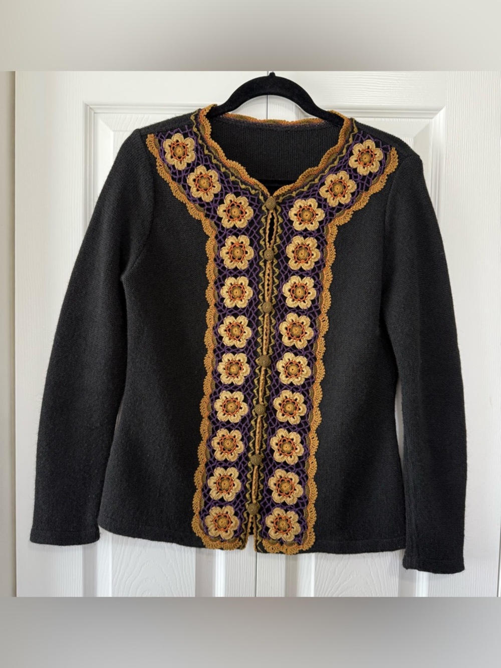 La Vicunita Baby Alpaca Cardigan M Handmade Peru Crochet Floral Boho Sweater